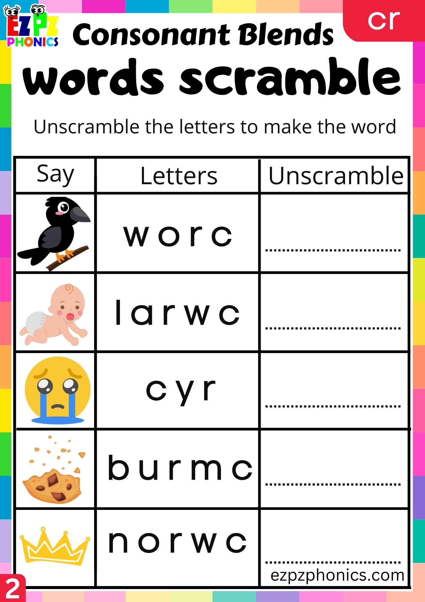 Group2 CR Words Words Scramble Phonics Consonant Blends Worksheet